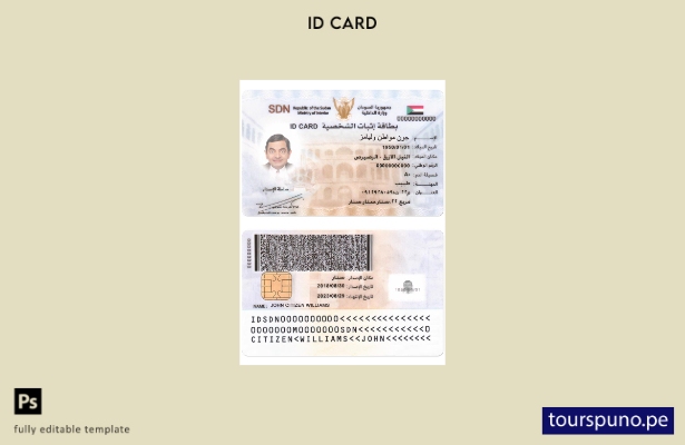 Plantilla de tarjeta de identidad de Sudán lista para imprimir